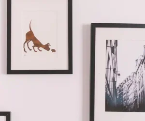 Framed wall art featuring dog illustration and cityscape photo